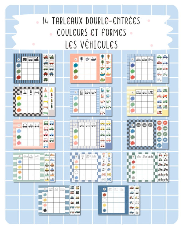 16. tableaux Double-Entrées Couleurs et Formes - Les véhicules